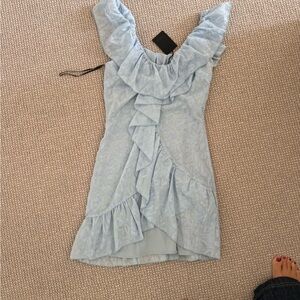 NBD Light Blue Asymmetrical Ruffle Dress